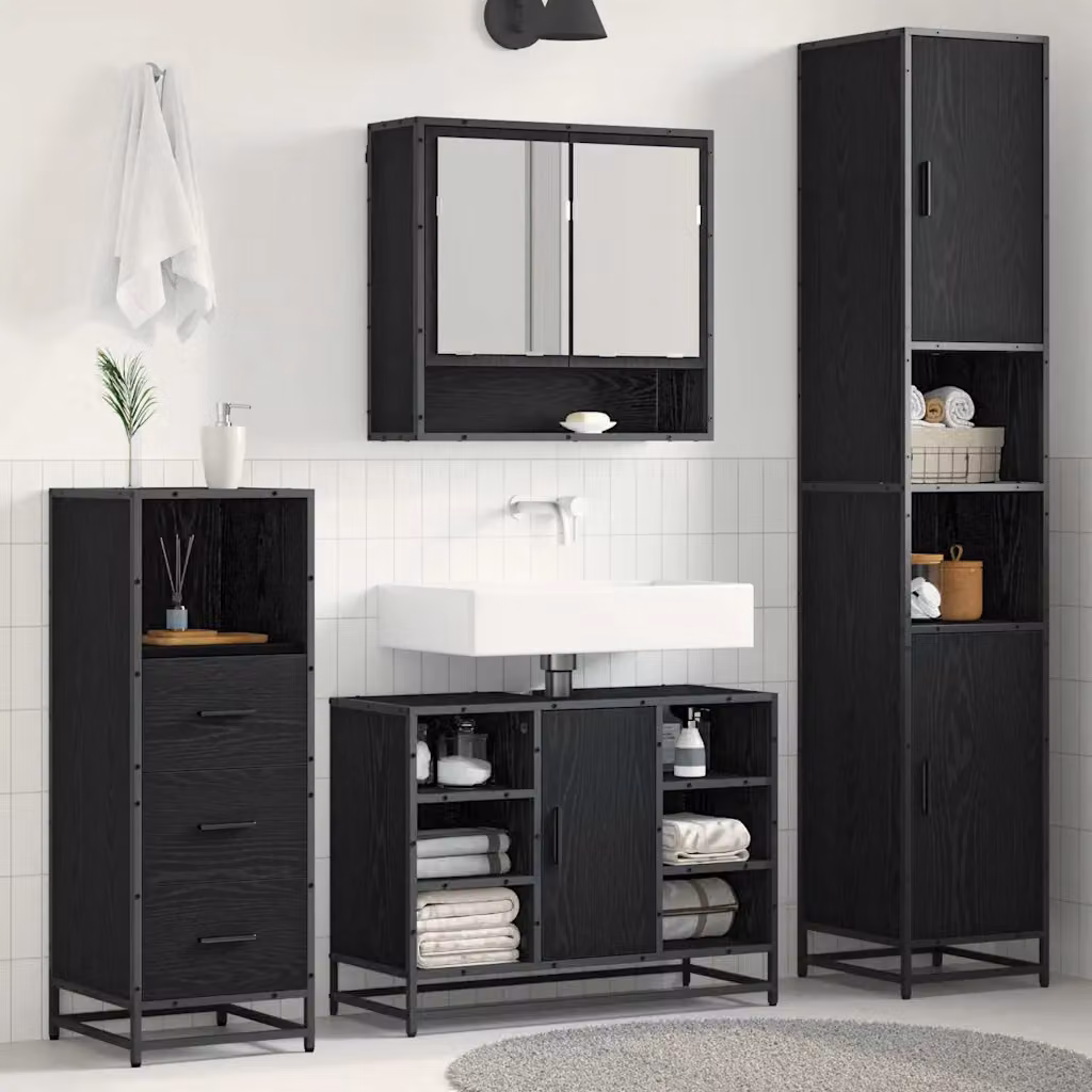 Set di mobili per il bagno moderno vidaXL in 3 pezzi, colore nero e rovere, con armadietto a specchio, mobile lavabo e colonna alta – 1