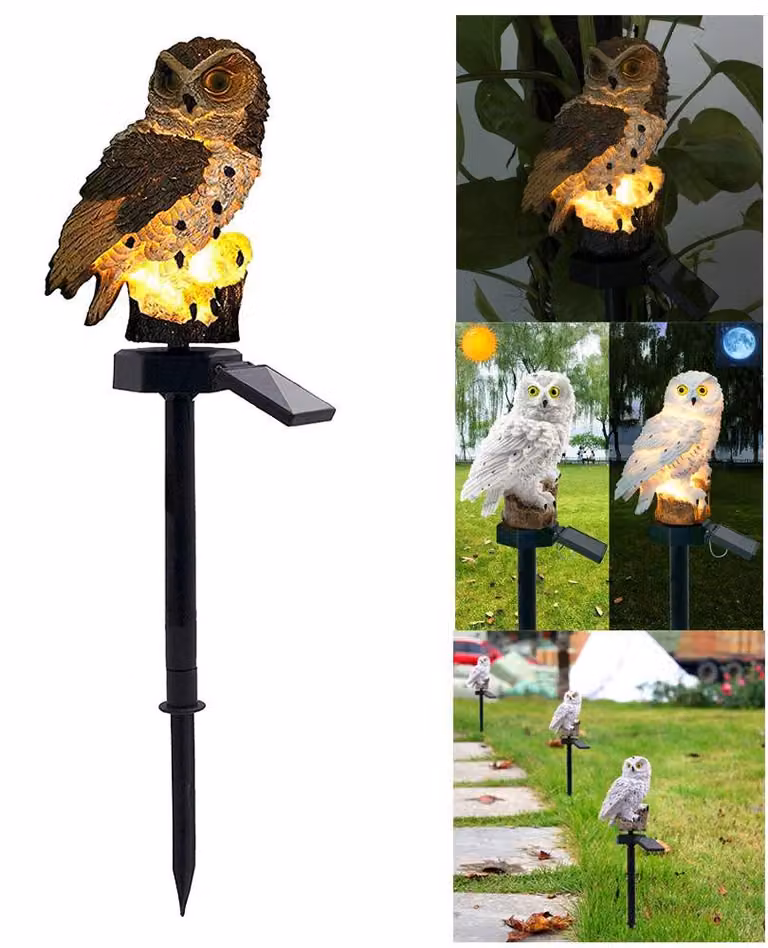 Lampada solare da giardino a forma di gufo, impermeabile, 15 cm, grigia