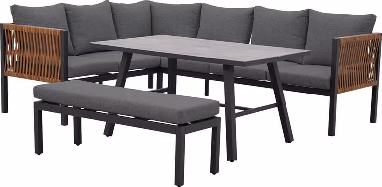 Set di mobili da giardino: divano ad angolo, tavolo, panca, grigio, 240 x 187 x 74 cm