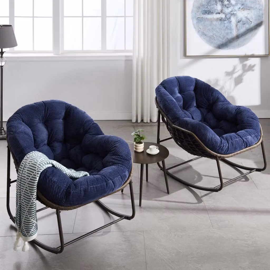 Sedia a dondolo oversize REDOM blu navy in rattan sintetico e acciaio L: 78 cm, P: 106 cm, H: 90 cm – 2