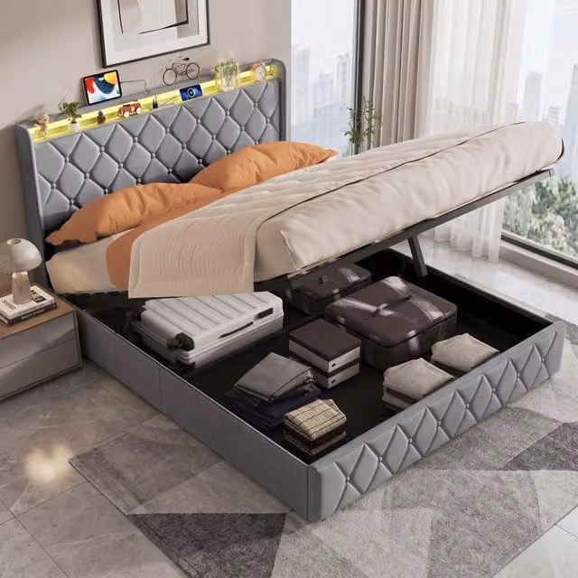 Letto matrimoniale 160x200 cm con contenitore LED USB testiera imbottita mensole rete a doghe metallo legno velluto - grigio scuro