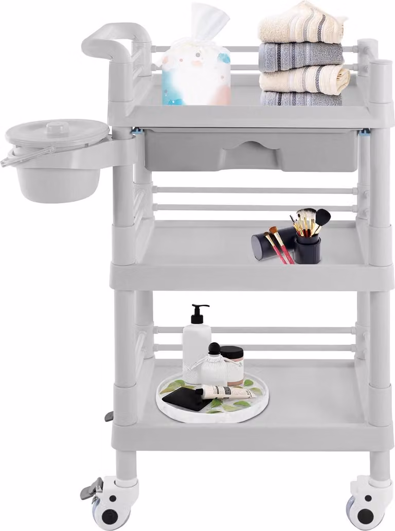 Carrello da salone - 3 ripiani - Struttura senza giunture - Ruote silenziose da 20 dB - Apertura per i rifiuti da 19 cm - Telaio in plastica - Grigio