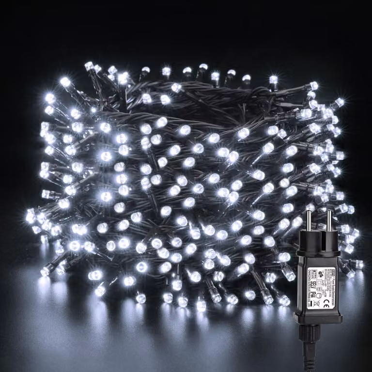 Catena luminosa a LED, 50 metri, 500 LED, luce bianca fredda, 8 modalità, con spina