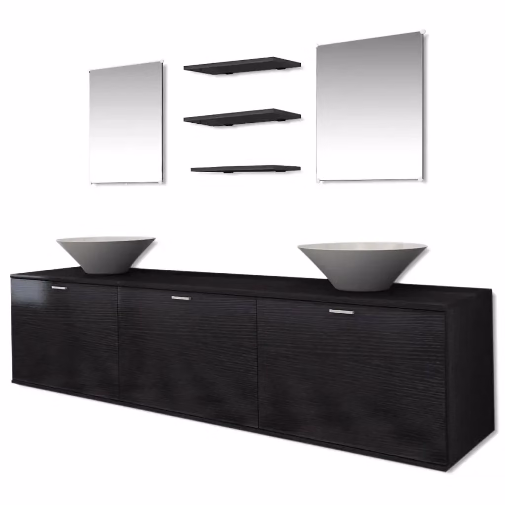 vidaXL Set Mobili da Bagno Moderno 8 Pezzi Nero Opaco con Lavabo in Ceramica e Armadietti a Parete – 2