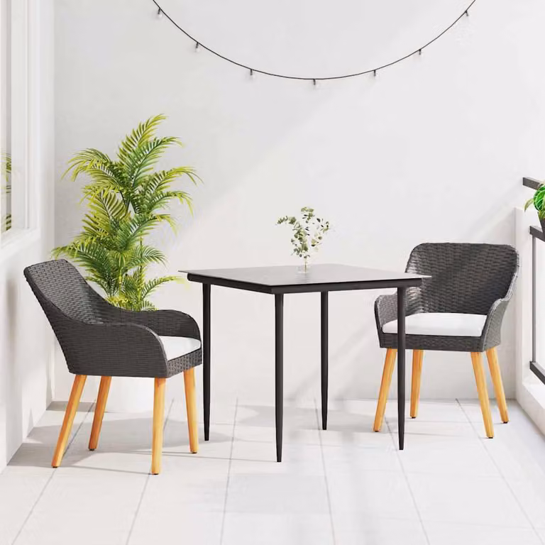 Set da pranzo per giardino e terrazza vidaXL in polyrattan nero con tavolo in vetro e 3 sedie moderne