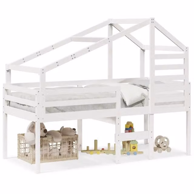 Letto singolo | Letto per adulti | Letto a Soppalco con Tetto Bianco 90x200 cm in Legno di Pino