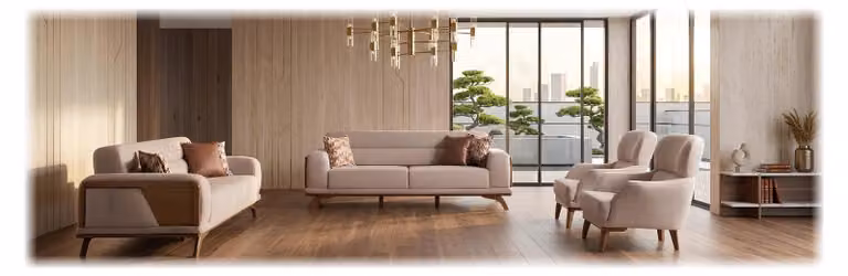 Divano beige componibile: 2 divani a 3 posti imbottiti, 2 poltrone eleganti, set da 4 pezzi
