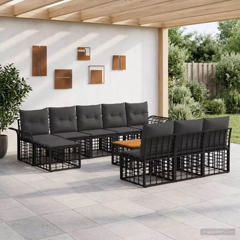 Set di divani da esterno vidaXL 11 pz a forma di U con tavolino e pouf, colore nero e grigio, struttura in acciaio verniciato e tessuto resistente alle intemperie