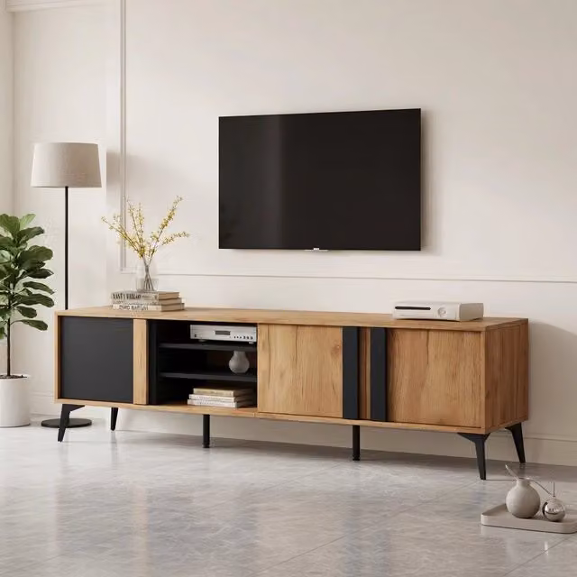 Cassettiera per TV KOMHTOM in stile rustico marrone e nero con ripiani in legno e metallo, L: 180 cm, P: 40 cm, H: 50 cm