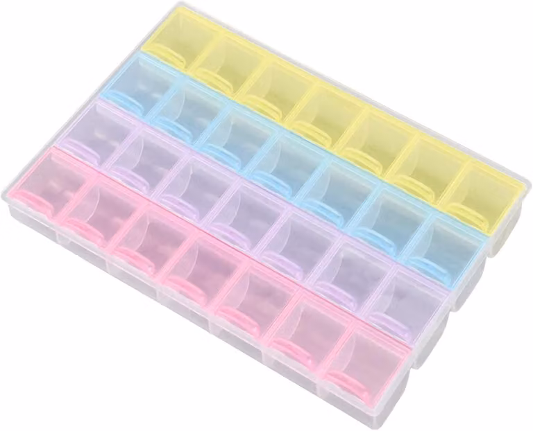 Contenitore in plastica con 28 scomparti, dimensioni 21,5x16x2 cm, ideale per articoli di bricolage