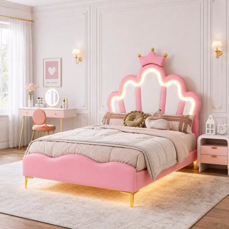 Letto per bambini 90x200 cm con rete a doghe, letto imbottito con testiera a forma di , letto singolo per adolescenti con rivestimento in pelle, letto a forma di principessa in legno, rivestito in PU, colore rosa