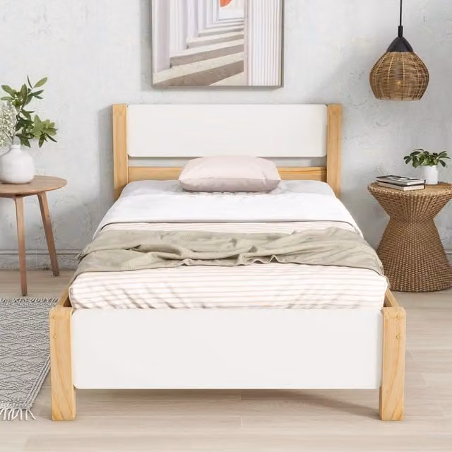 Letto Singolo Minimal in Legno di Pino con Testiera e Pediera Bianco/Naturale L/P/H: 90 x 200 cm