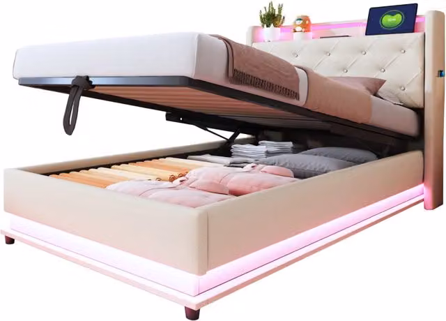 Letto singolo imbottito 90x200 cm con contenitore idraulico; LED e porte USB-C; beige