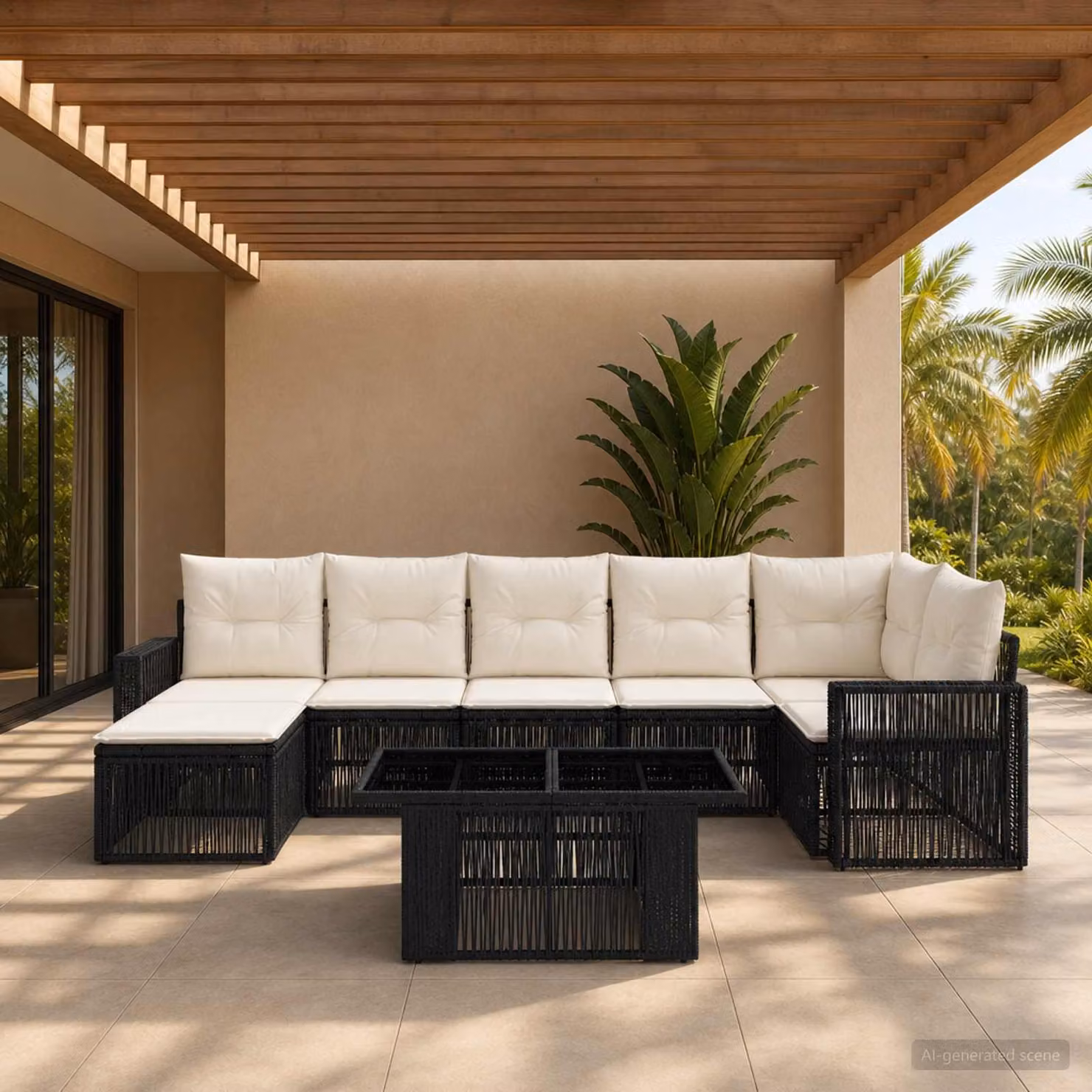 Set Divano da Giardino vidaXL 8 pz in Polyrattan Nero e Bianco Crema