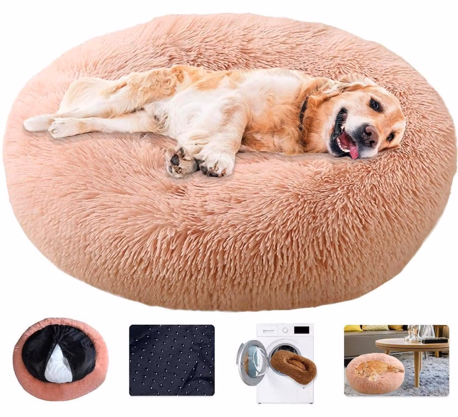 Cuccia per cani a forma di ciambella, lavabile, calda, morbida e in peluche, color rosa chiaro, taglia 4XL (110 cm)