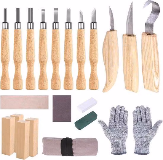 Set di 21 coltelli da intaglio Unyqoos® in acciaio cromo-vanadio, con pietra per affilare, manici in noce nera, guanti resistenti al taglio e borsa in tela – adatto a adulti e bambini