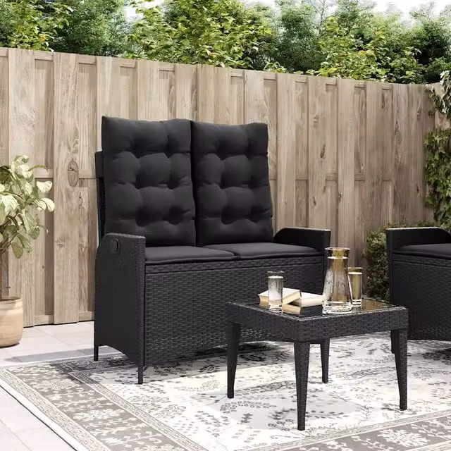 Panca Reclinabile da Giardino con Cuscini-Sgabello-Sedia da esterno Nera in Polyrattan 458888