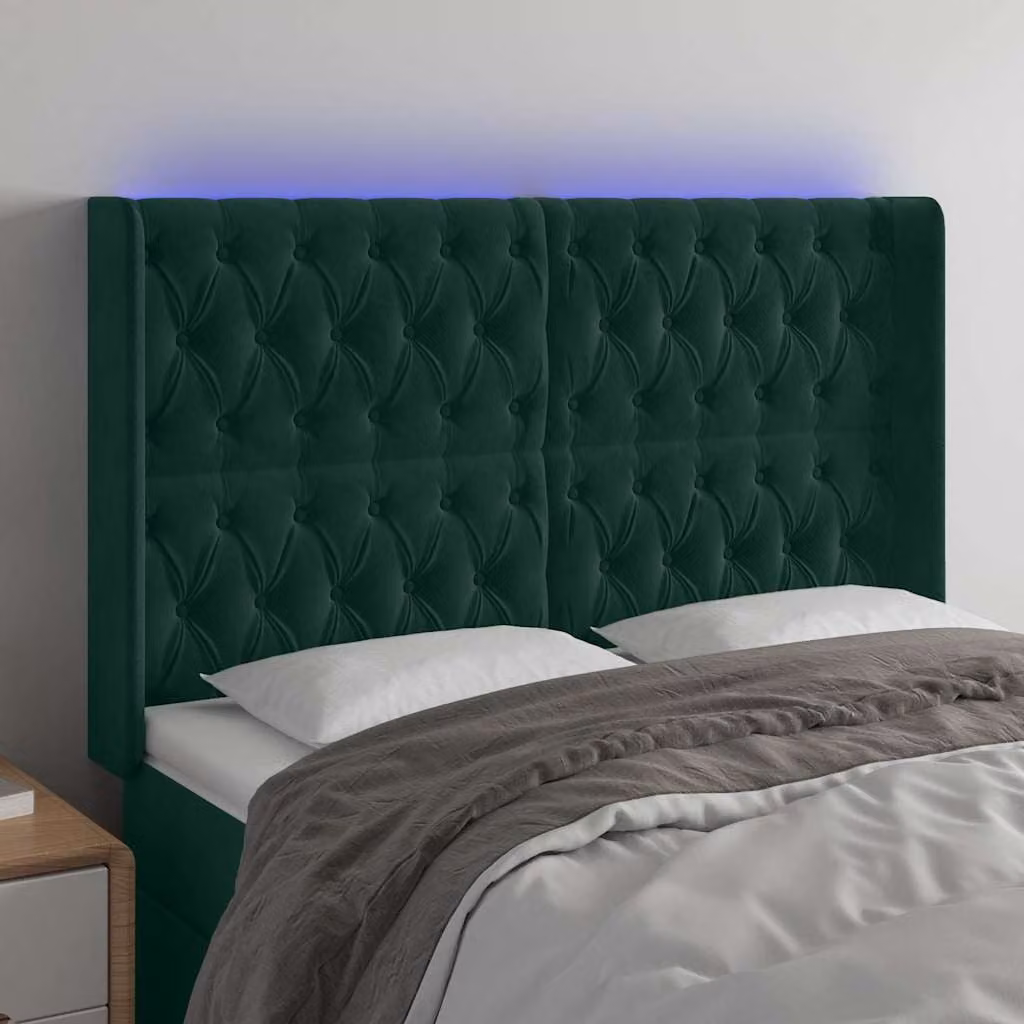 Testiera per letto vidaXL in velluto verde scuro con illuminazione LED e porta di ricarica USB, L: 163 cm, P: 16 cm, H: 118/128 cm