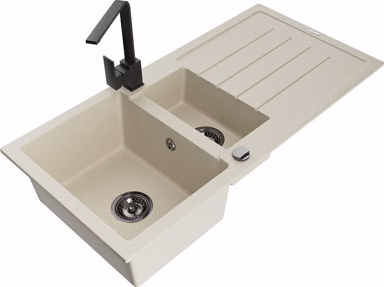 Mexen Andres lavello in granito 1,5 vasche con scolapiatti e rubinetto da cucina Rita, beige - 6515-69-670300-70