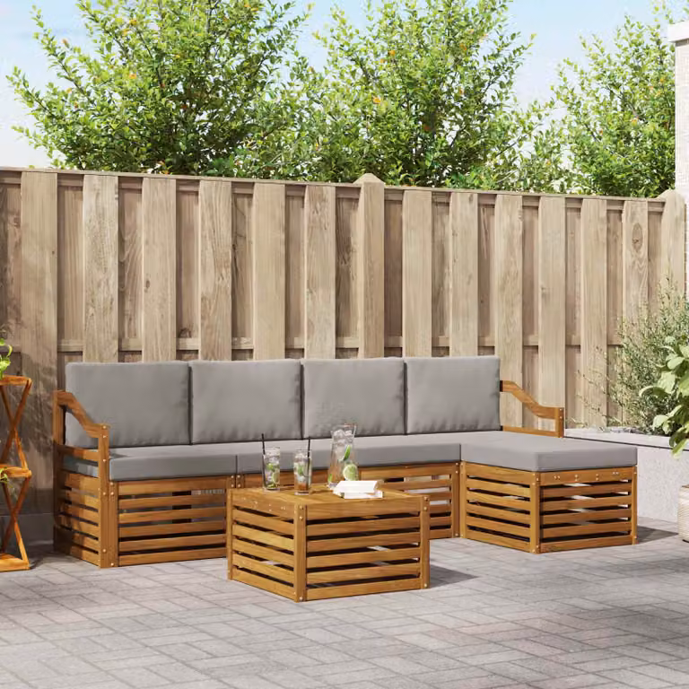Set di divani da esterno vidaXL a forma di L in legno di acacia con tavolino e pouf, beige e grigio
