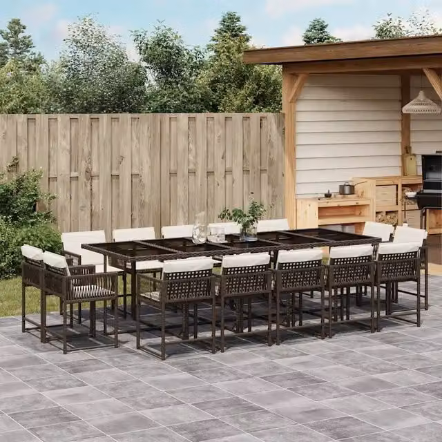 Set da pranzo da giardino vidaXL in polyrattan marrone con cuscini e tavolo in vetro per terrazzo o giardino