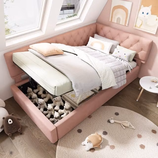 Letto singolo 90x190 cm contenitore idraulico; divano letto in velluto rosa con rete a doghe in legno