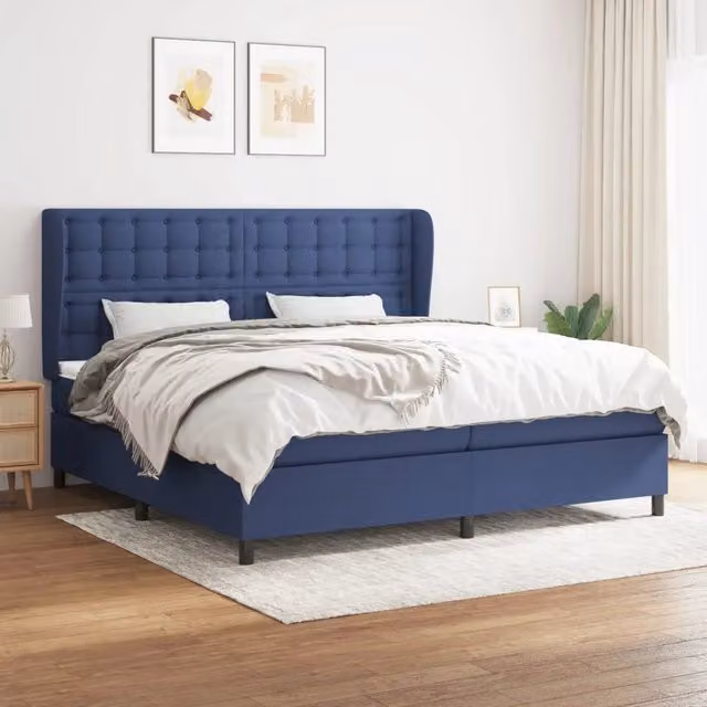Letto Ibrido vidaXL con Giroletto a Molle e Materasso in Tessuto Blu e Bianco L/P/H: 203 x 203 x 128 cm – 1