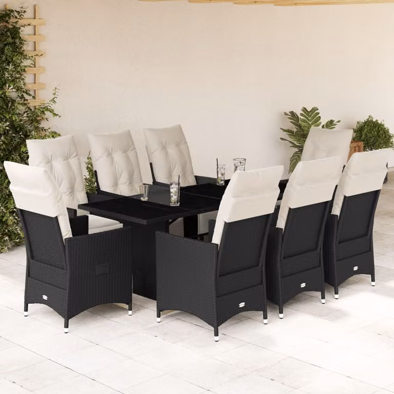 Set da Pranzo da Giardino vidaXL in Polyrattan Nero con Cuscini e Tavolo in Vetro, 9 Pezzi