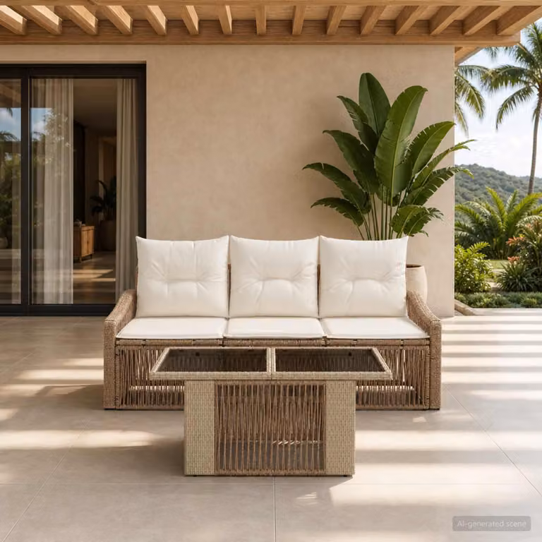 Set Divano da Giardino vidaXL 4 Pezzi in Polyrattan Beige e Bianco con Cuscini e Tavolino da Caffè