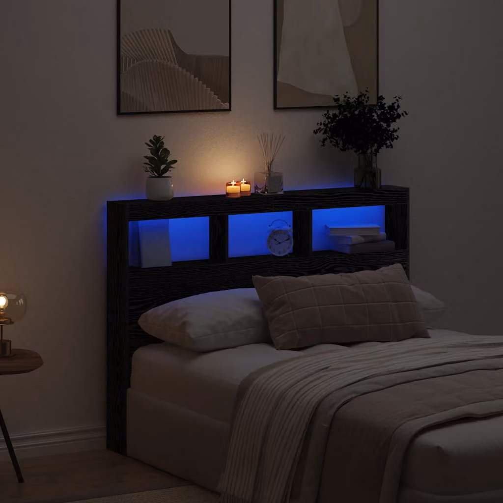Testiera con Contenitore vidaXL in Rovere Nero con Illuminazione LED, Ripiano Integrato e Porta USB, L/P/H: 140 x 17 x 102 cm