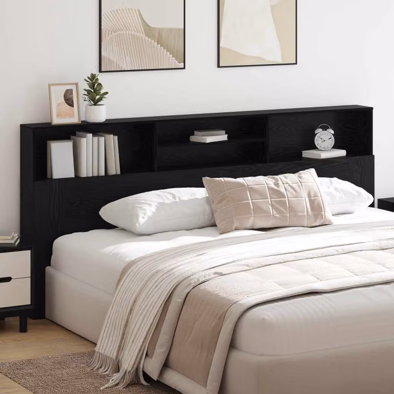 Testata del letto moderna vidaXL in legno ingegnerizzato color rovere nero con ripiani integrati L: 220 cm, H: 101,5 cm, P: 19 cm