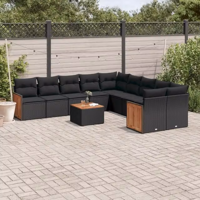 Set Divani da Giardino 11 pz con Cuscini in Polyrattan Nero 3228036