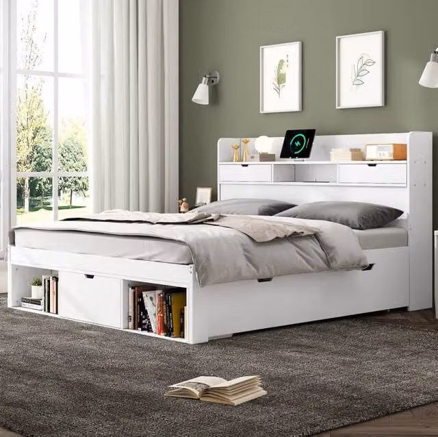 Letto matrimoniale 160x200 cm con porta USB, cassetti e armadietto, senza materasso, bianco