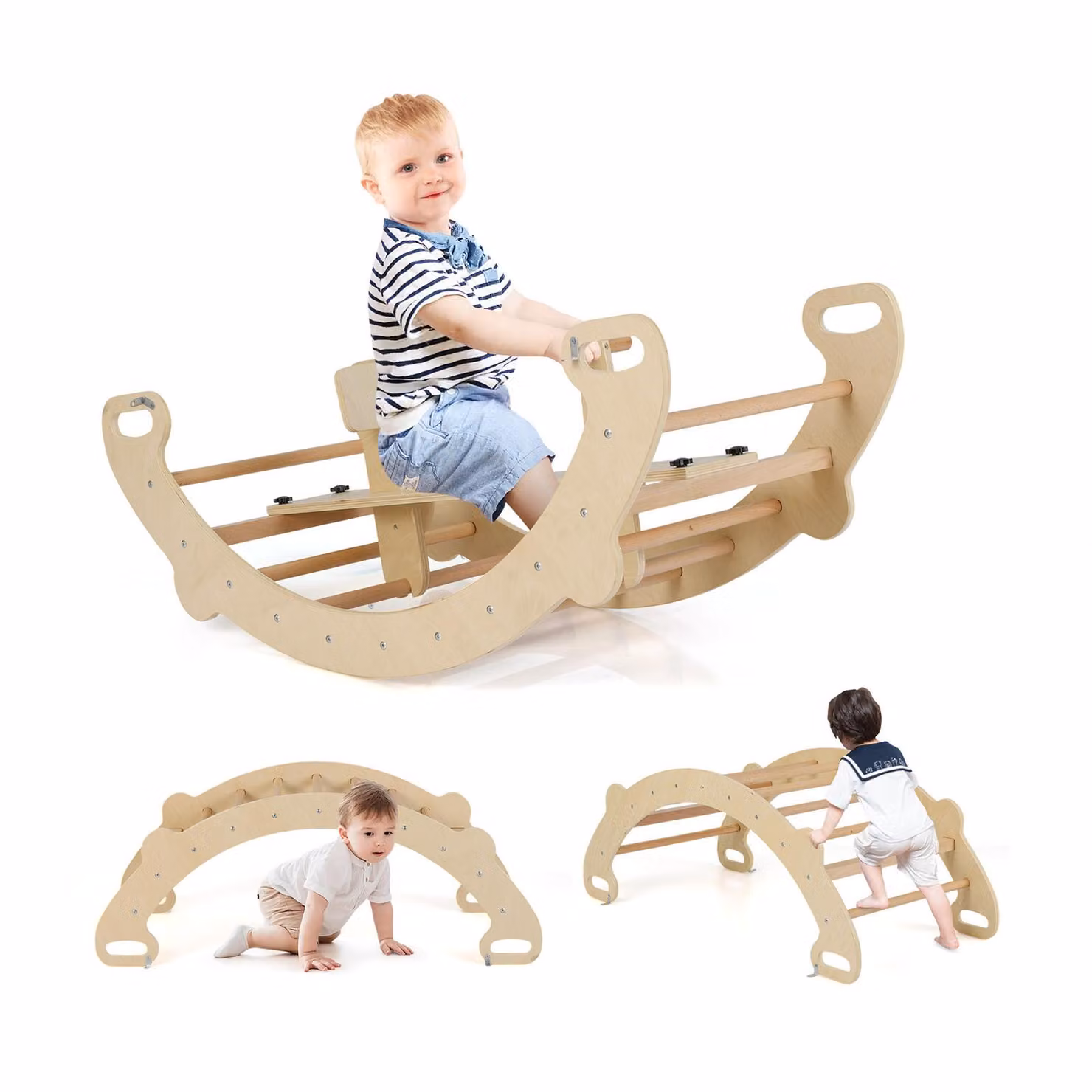 Arco di arrampicata COSTWAY con sedile rimovibile, struttura di arrampicata per interni 4in1 per dondolare, dondolare, arrampicarsi e gattonare, triangolo di arrampicata in legno per bambini 1+ natura