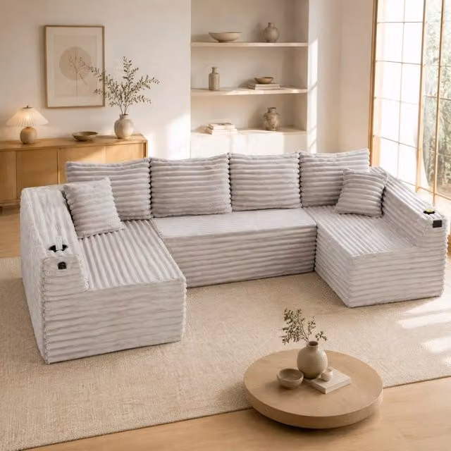 Sofa modulare a U MODFU in tessuto corduroy grigio chiaro con portabicchieri e cuscini, L: 320 cm, P: 155 cm, H: 88 cm