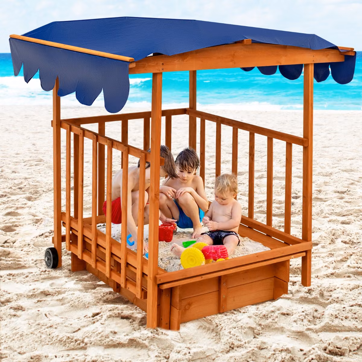 Sabbiera per bambini Costway in legno marrone con tettoia e ruote posteriori per cortile e spiaggia