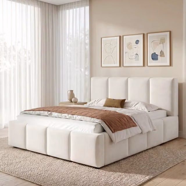 Letto imbottito matrimoniale con testiera e rete a doghe ¨C Minimal ¨C Beige chenille 180x200cm