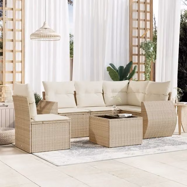 Set Divano da Giardino 6 pz vidaXL in Polyrattan con Cuscini Beige e Tavolino in Vetro