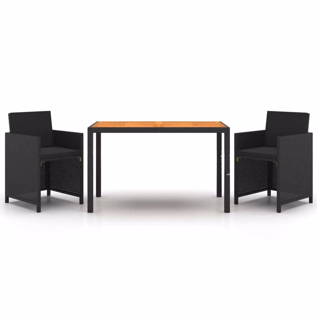 Set da Pranzo da Giardino 3 pz con Cuscini in Polyrattan Nero