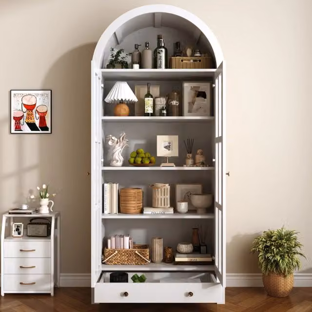 Vetrina Moderna ad Arco in MDF Bianco con Ripiani; Cassetto e Ante in Acrilico; 75x35x170.5 cm