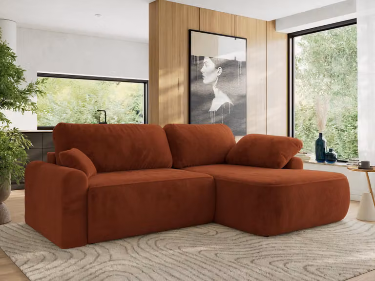 MKS MEBLE divano angolare CUBO a L, cuscini sciolti, divano angolare 273x187x100 cm con funzione letto, box letto - peluche arancione - lato destro