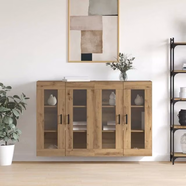 Set di 2 armadi da muro vidaXL in rovere con ante in vetro e ripiani interni, colore marrone, L/P/H: 69,5 x 34 x 90 cm