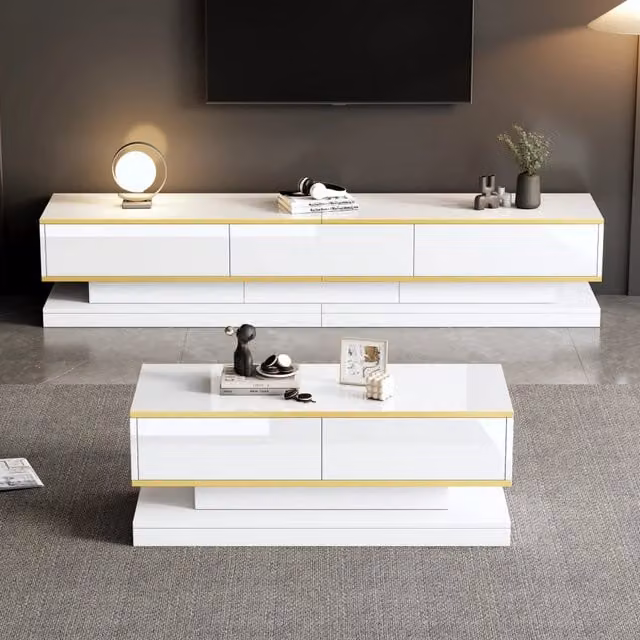 Set Mobile TV e Tavolino da Salotto ¨C MINIMAL ¨C Bianco Lucido, Cassetti, Oro