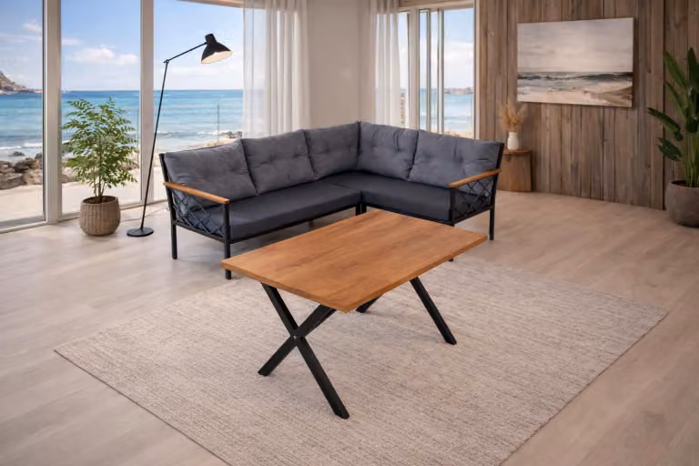 Divano angolare da tavolo, stile moderno, colori marrone e grigio, compatto e versatile, ideale per la sala da pranzo