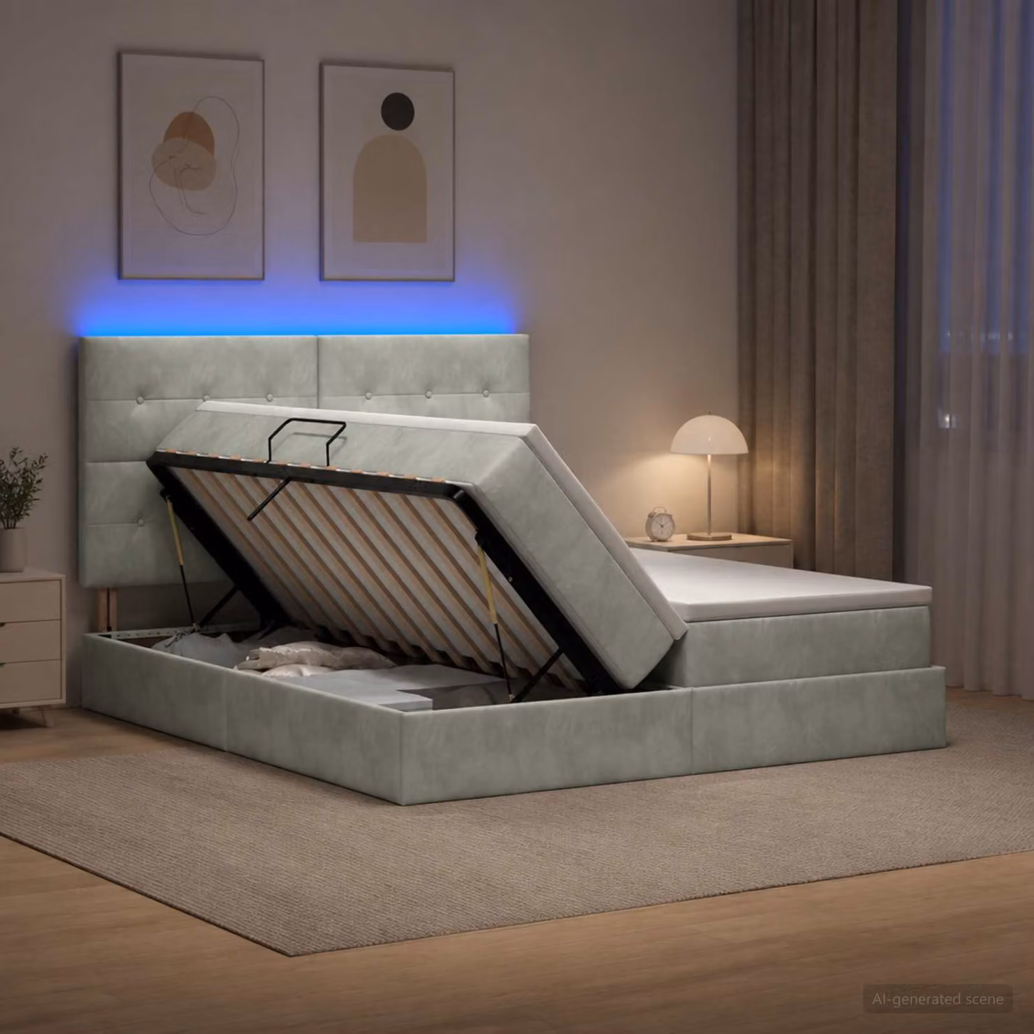 Letto con contenitore vidaXL in tessuto grigio con illuminazione LED, porte USB e materasso ibrido, L/P/H: 200 x 200 x 128 cm
