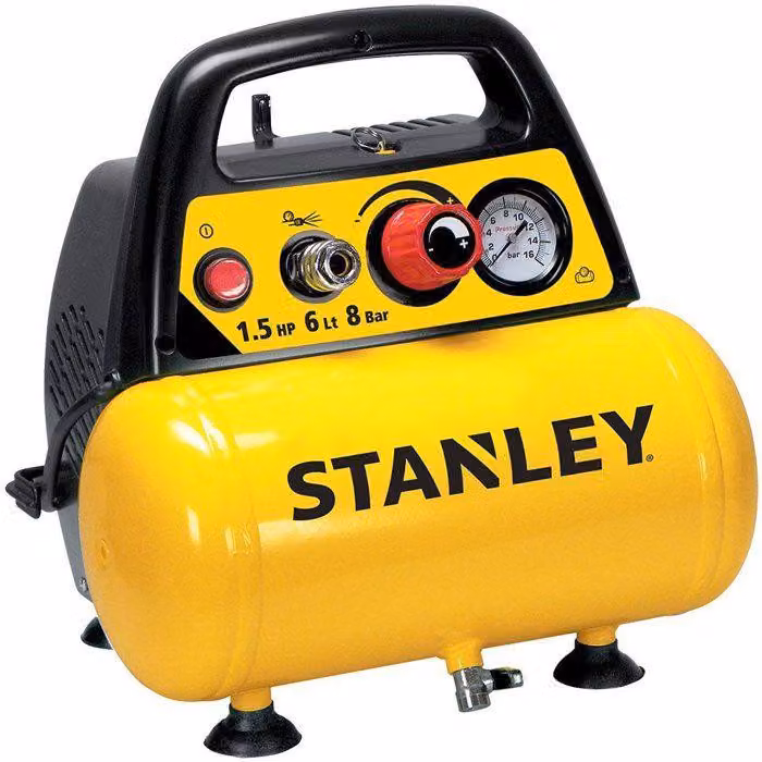 Compressore orizzontale Stanley, coassiale, capacità 6 litri, 1,5 HP, con tubo e soffiatore