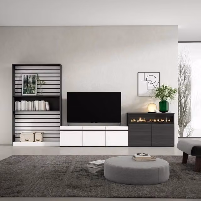 Mobile TV da soggiorno Skraut Home con camino elettrico e illuminazione integrata, Bianco e Nero, L: 360 cm, P: 35 cm, H: 186 cm
