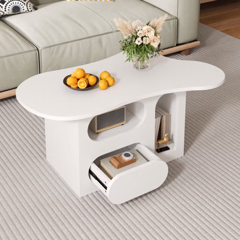 MODFU Tavolo da conferenza a forma di nuvola con cassetti e scomparti aperti, tavolo in laminato di alta qualità, bianco