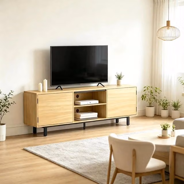Mobile TV WISHDOR moderno in legno e metallo, beige e nero, L: 160 cm, P: 35 cm, H: 55,5 cm