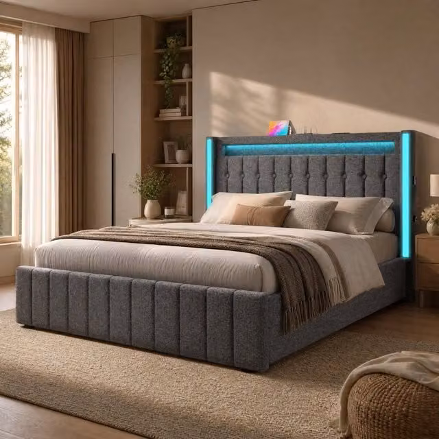 Letto con cassetti 160 × 200 cm con 4 cassetti; LED; USB e Type-C; rete a doghe in legno; lino grigio